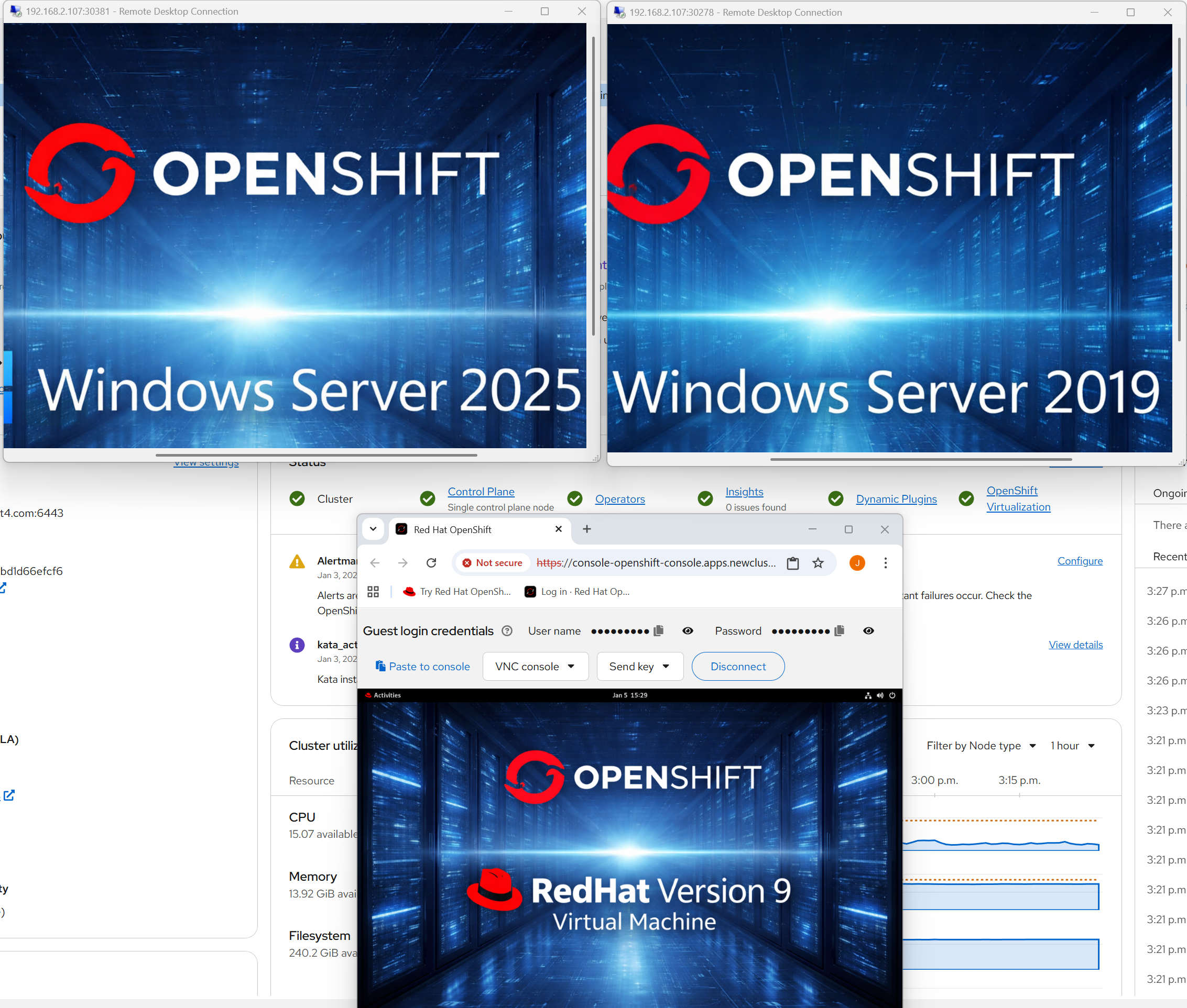 Red Hat OpenShift console and virtual machines running Windows Server and RHEL