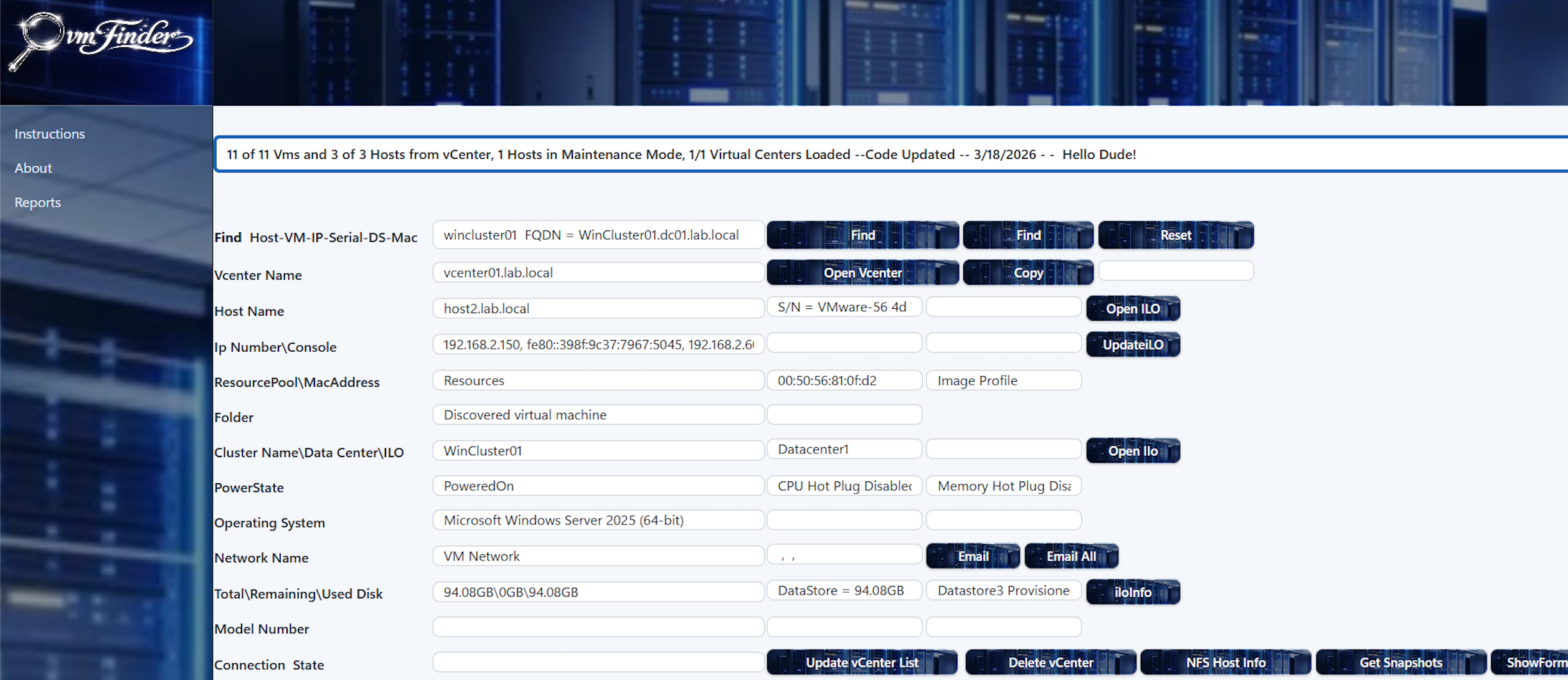 vmFinder dashboard searching vCenter inventory for a virtual machine